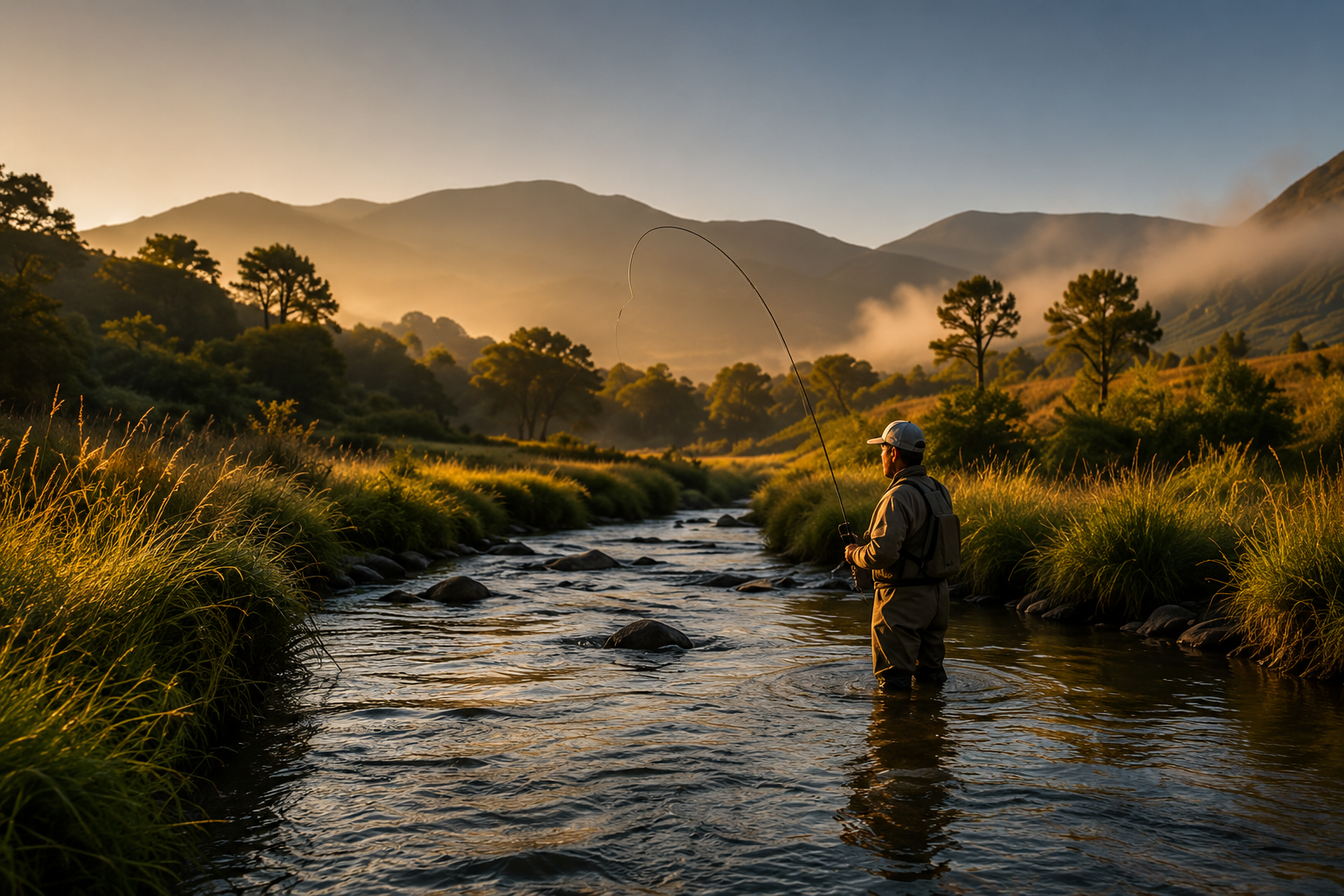 Fly fishing in a serene river scene